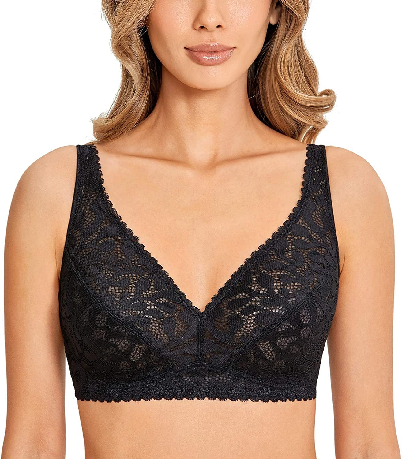 Women'S Wireless Unlined Lace Bra plus Size Full Coverage Bralette Comfort Black / 34B