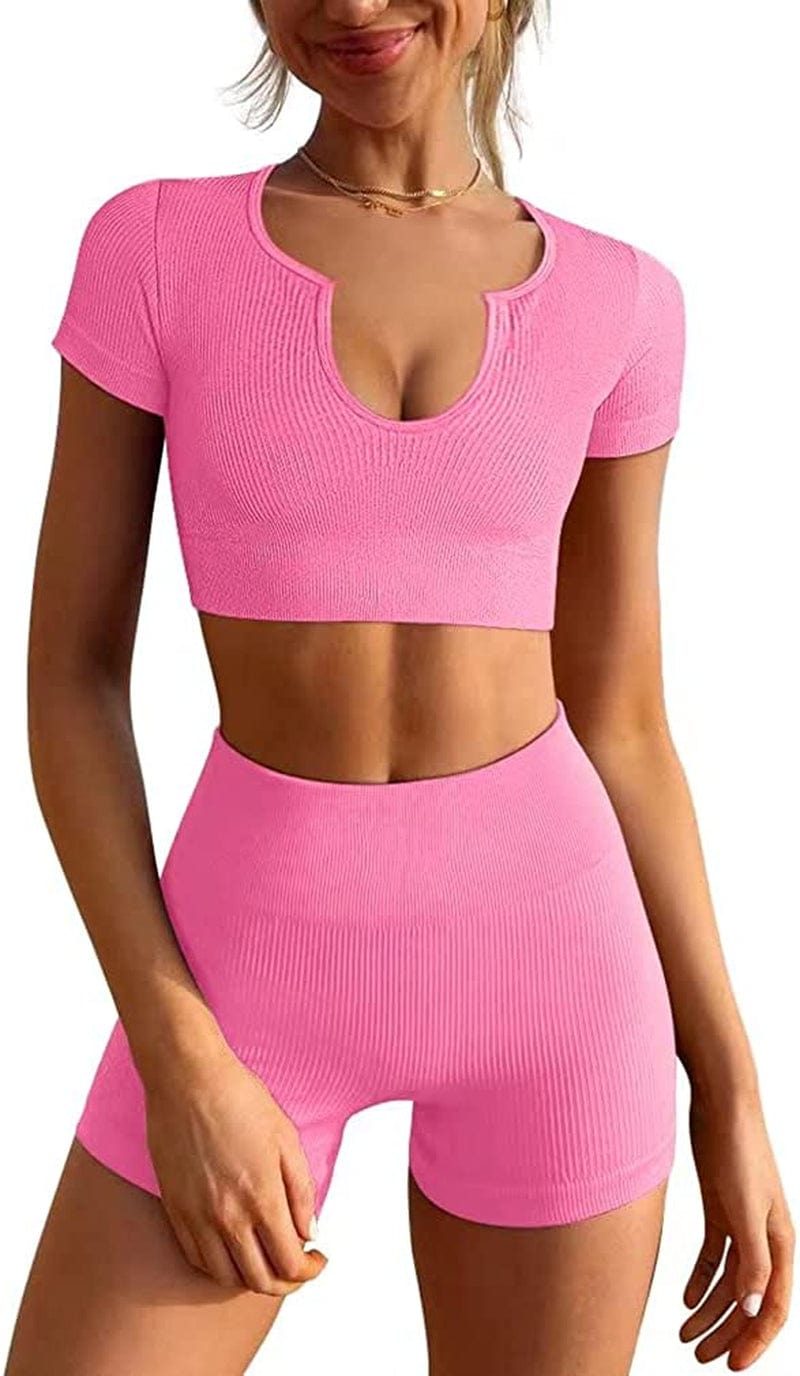 Women'S Workout Outfits Seamless Ribbed Running Yoga Two Piece Crop Top Gym High Waist Sport Shorts Sets Rose / Large