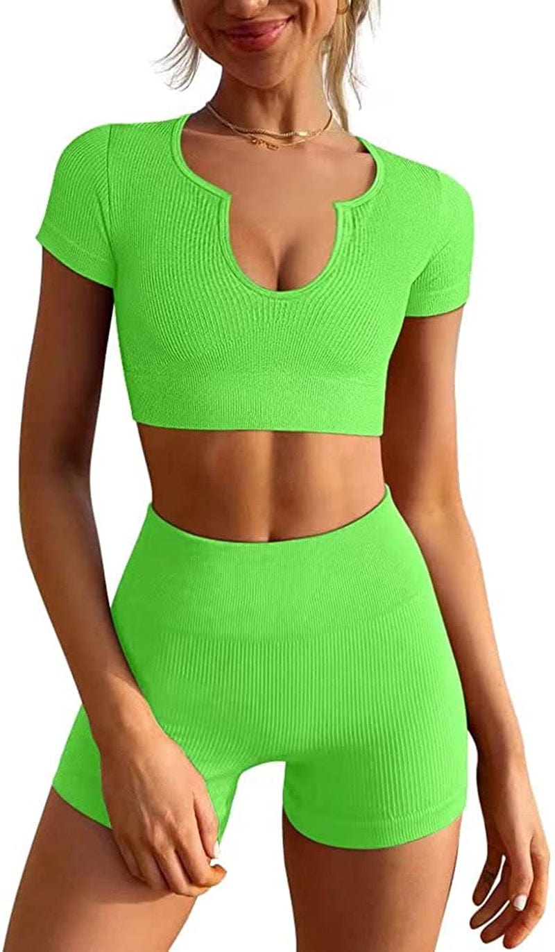 Women'S Workout Outfits Seamless Ribbed Running Yoga Two Piece Crop Top Gym High Waist Sport Shorts Sets Fluogreen / Large