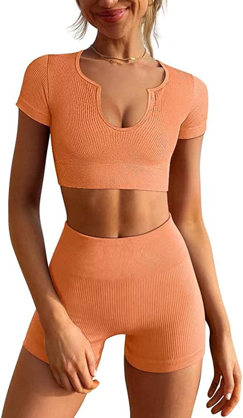 Women'S Workout Outfits Seamless Ribbed Running Yoga Two Piece Crop Top Gym High Waist Sport Shorts Sets Orange / Large