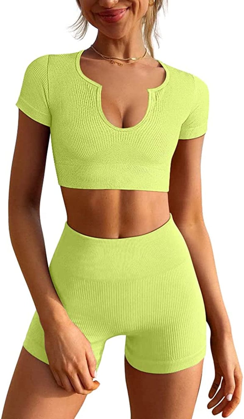 Women'S Workout Outfits Seamless Ribbed Running Yoga Two Piece Crop Top Gym High Waist Sport Shorts Sets Grassgreen / Large