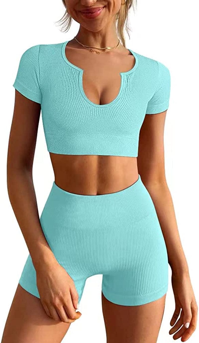 Women'S Workout Outfits Seamless Ribbed Running Yoga Two Piece Crop Top Gym High Waist Sport Shorts Sets Skyblue / Large