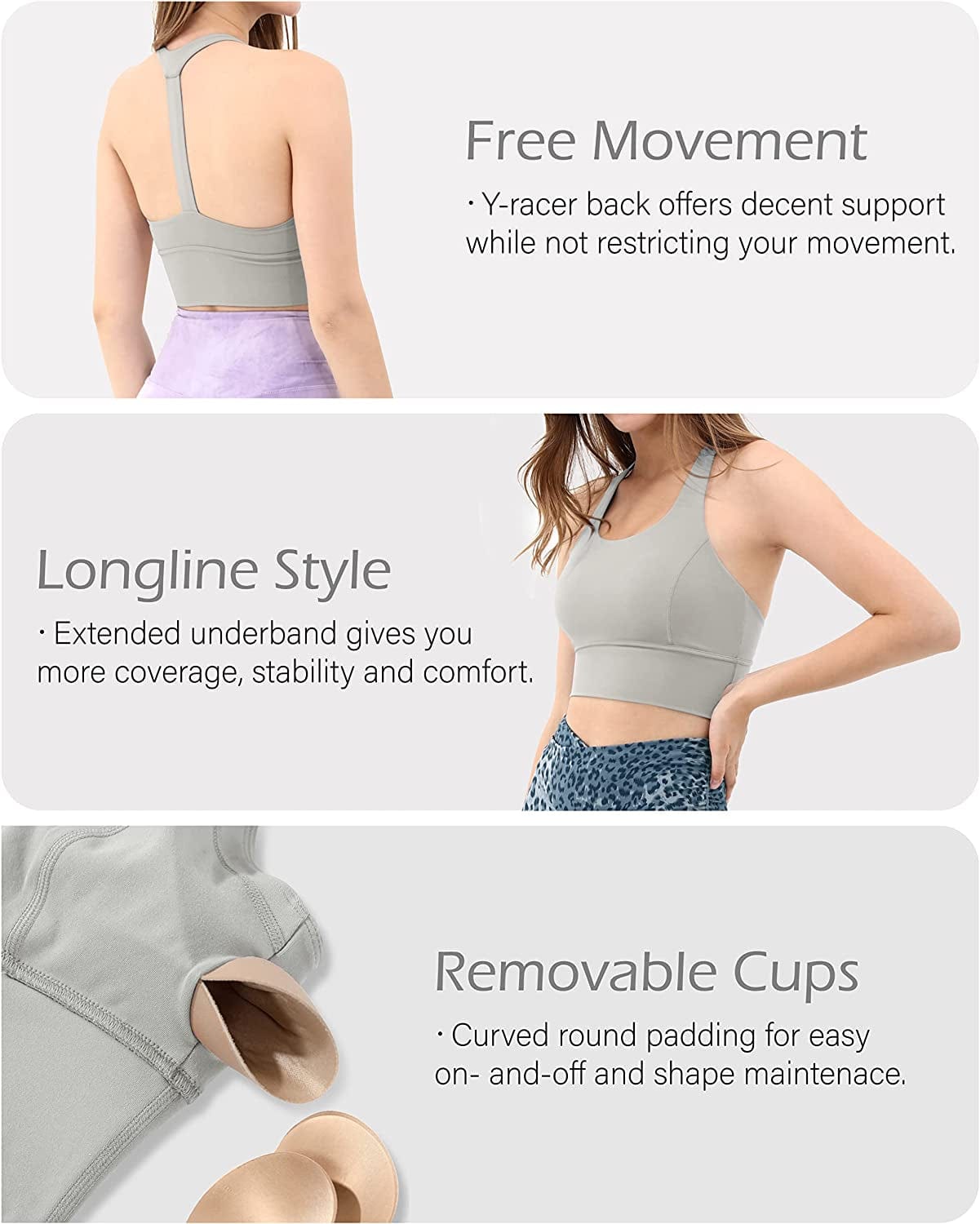 Women'S Y Racer Back Padded Sports Bra Fitness Workout Longline Yoga Bra Tops