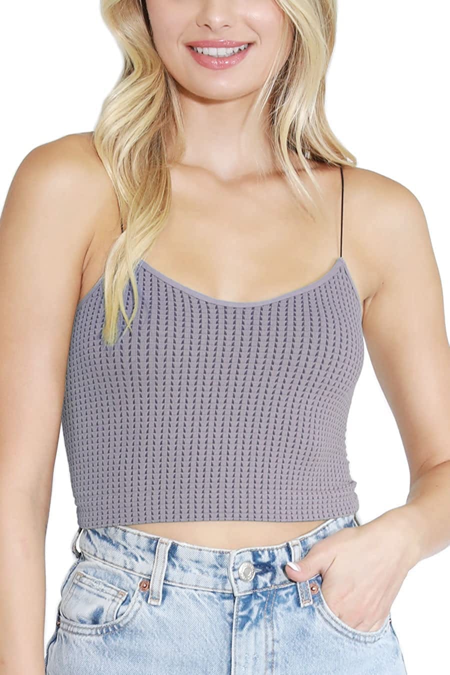 Women Seamless Waffle Crop Top Cami, Made in U.S.A, One Size Lilac Gray