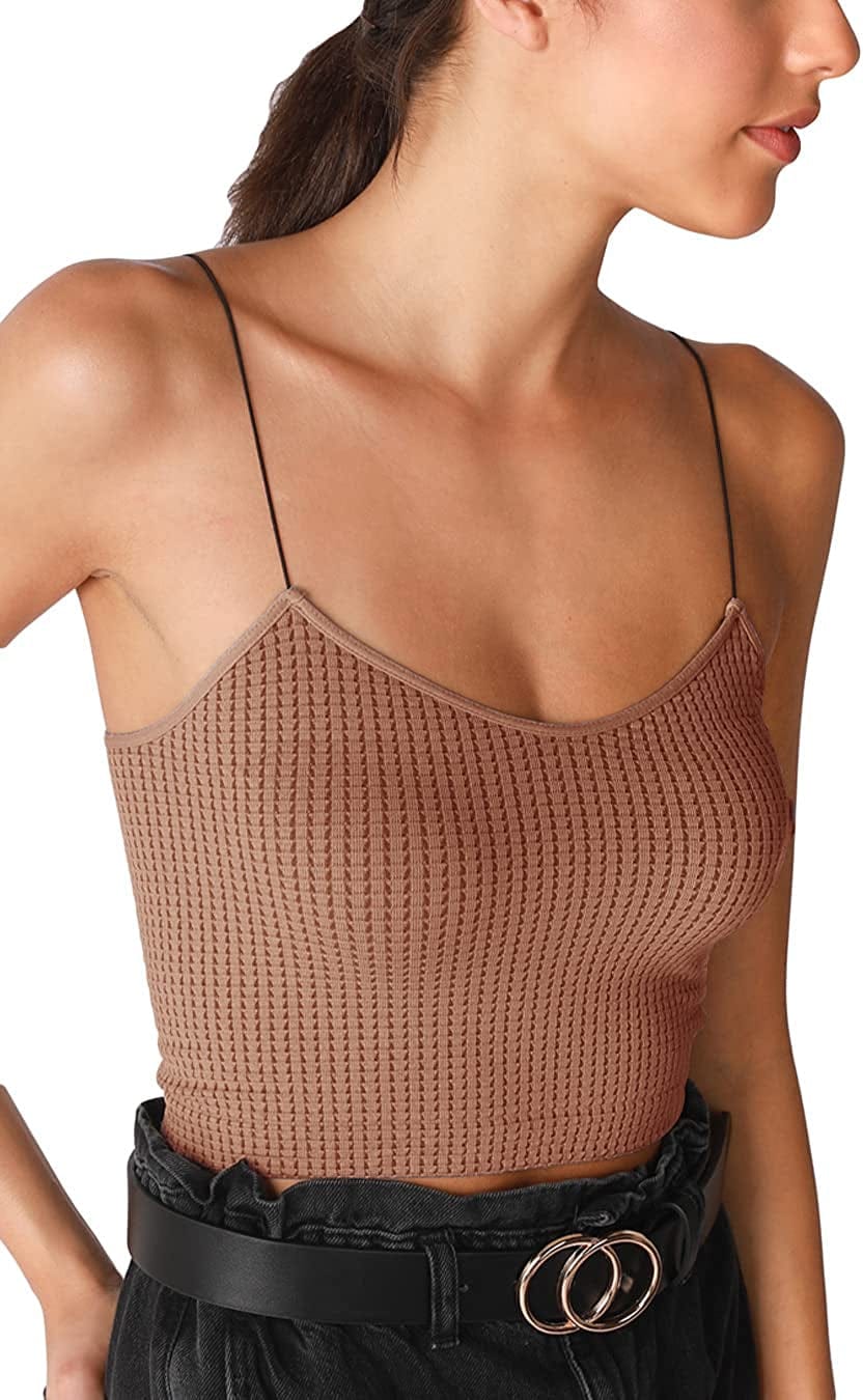 Women Seamless Waffle Crop Top Cami, Made in U.S.A, One Size Cognac