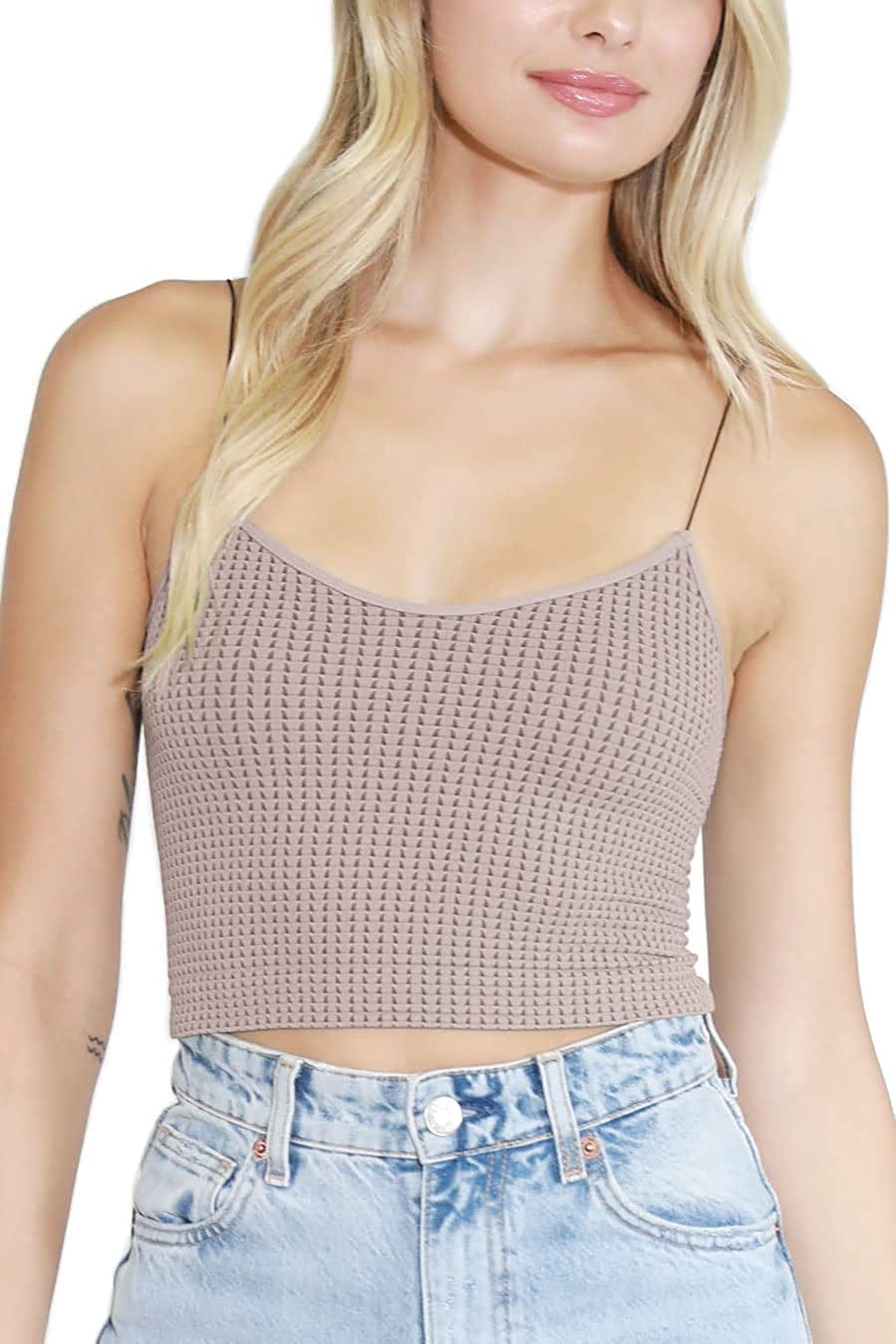 Women Seamless Waffle Crop Top Cami, Made in U.S.A, One Size Almond