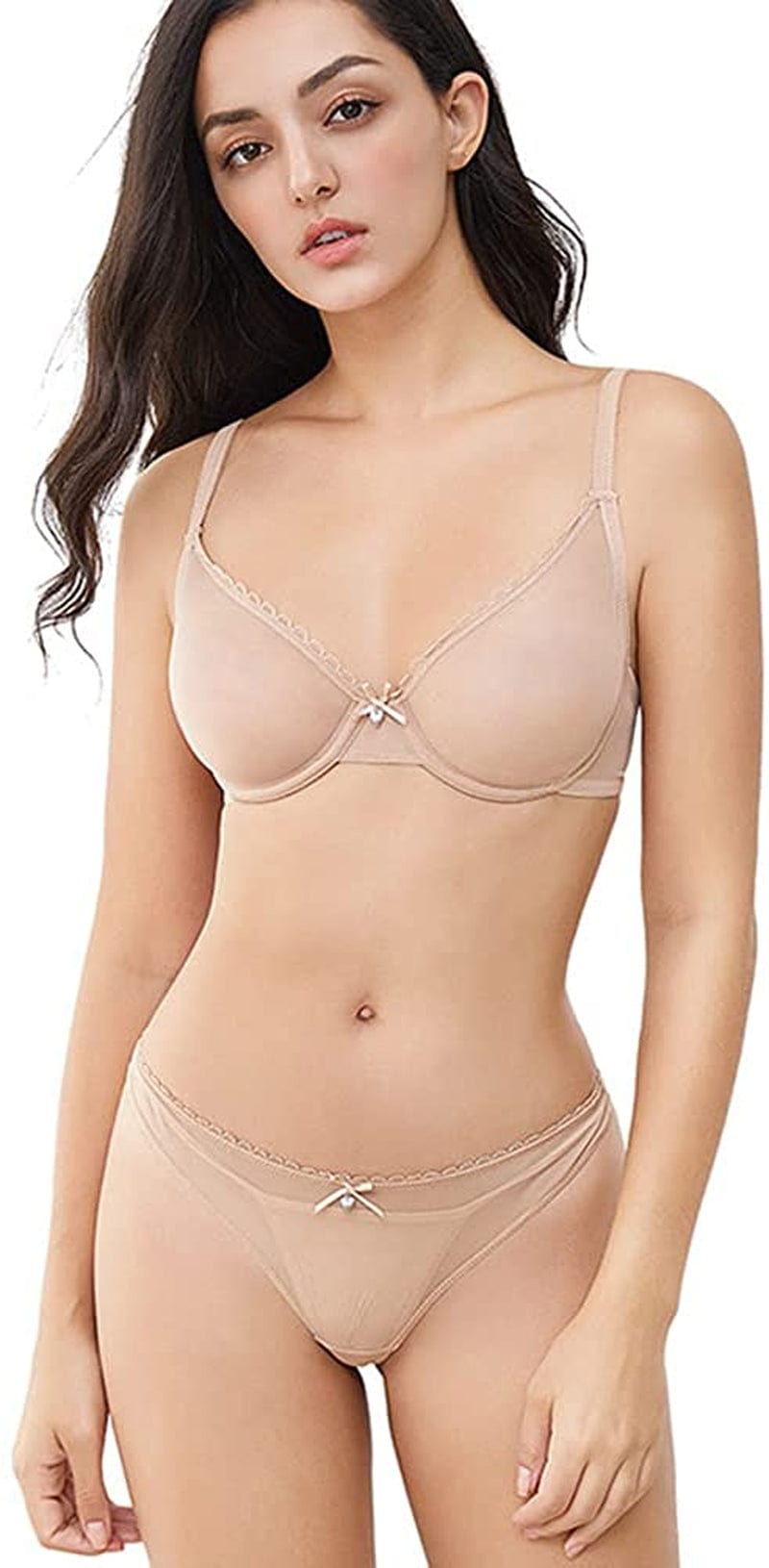 Women See-Through Lace Push up Transparent Everyday Bra Beige / 38C