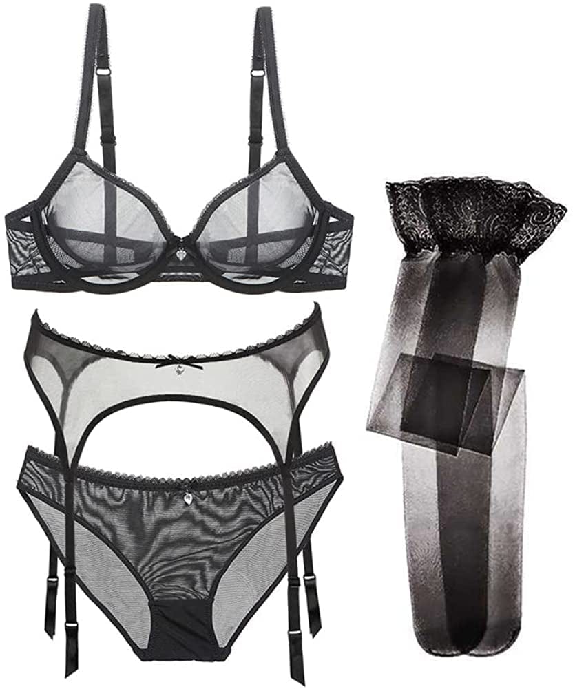 Women See-Through Lace Push up Transparent Everyday Bra Black 4pcs / 32C