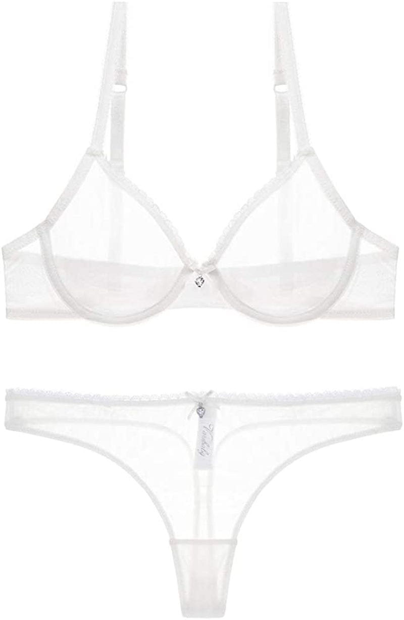 Women See-Through Lace Push up Transparent Everyday Bra White With Thong / 38C