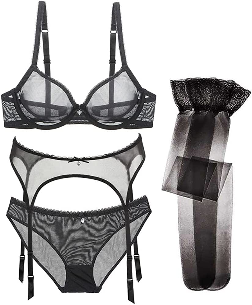 Women See-Through Lace Push up Transparent Everyday Bra Black 4pcs / 38D