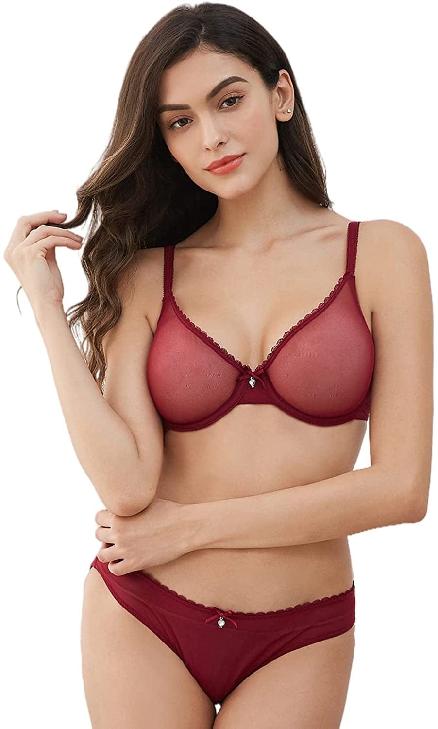 Women See-Through Lace Push up Transparent Everyday Bra Red / 36B