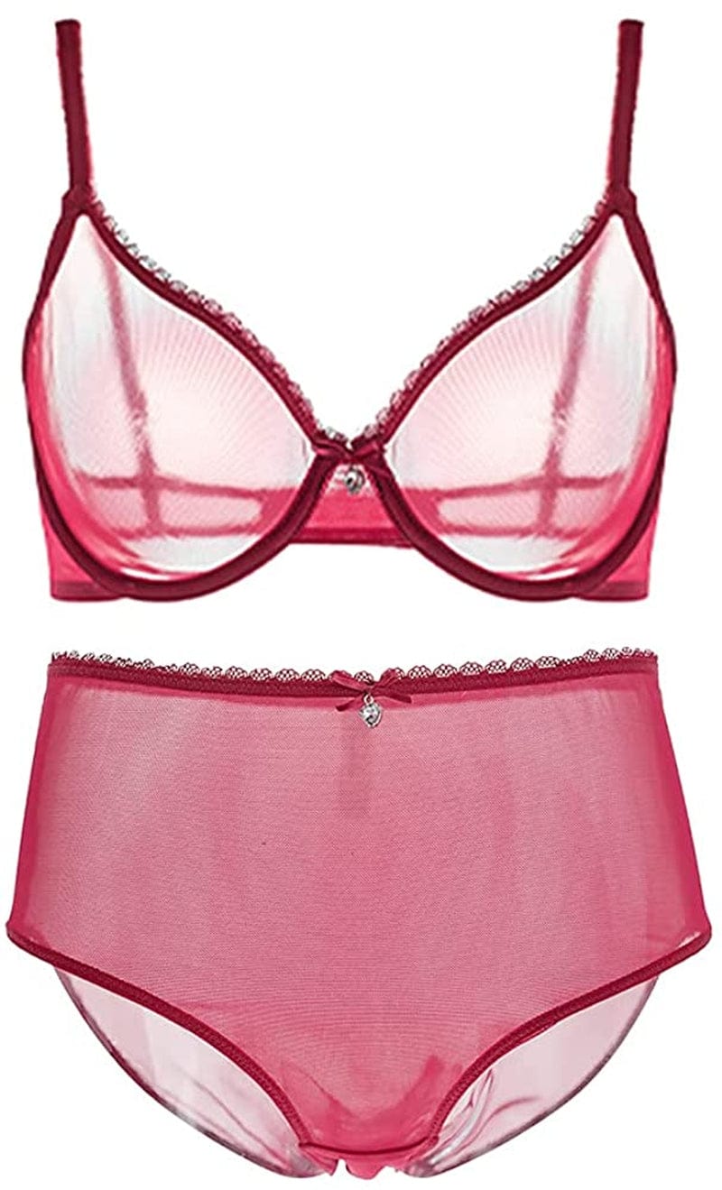 Women See-Through Lace Push up Transparent Everyday Bra Wine Red With High Rise / 36B