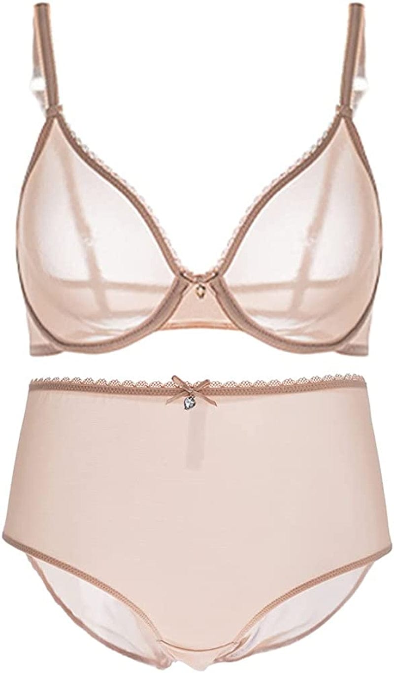 Women See-Through Lace Push up Transparent Everyday Bra Beige With High Rise / 36B