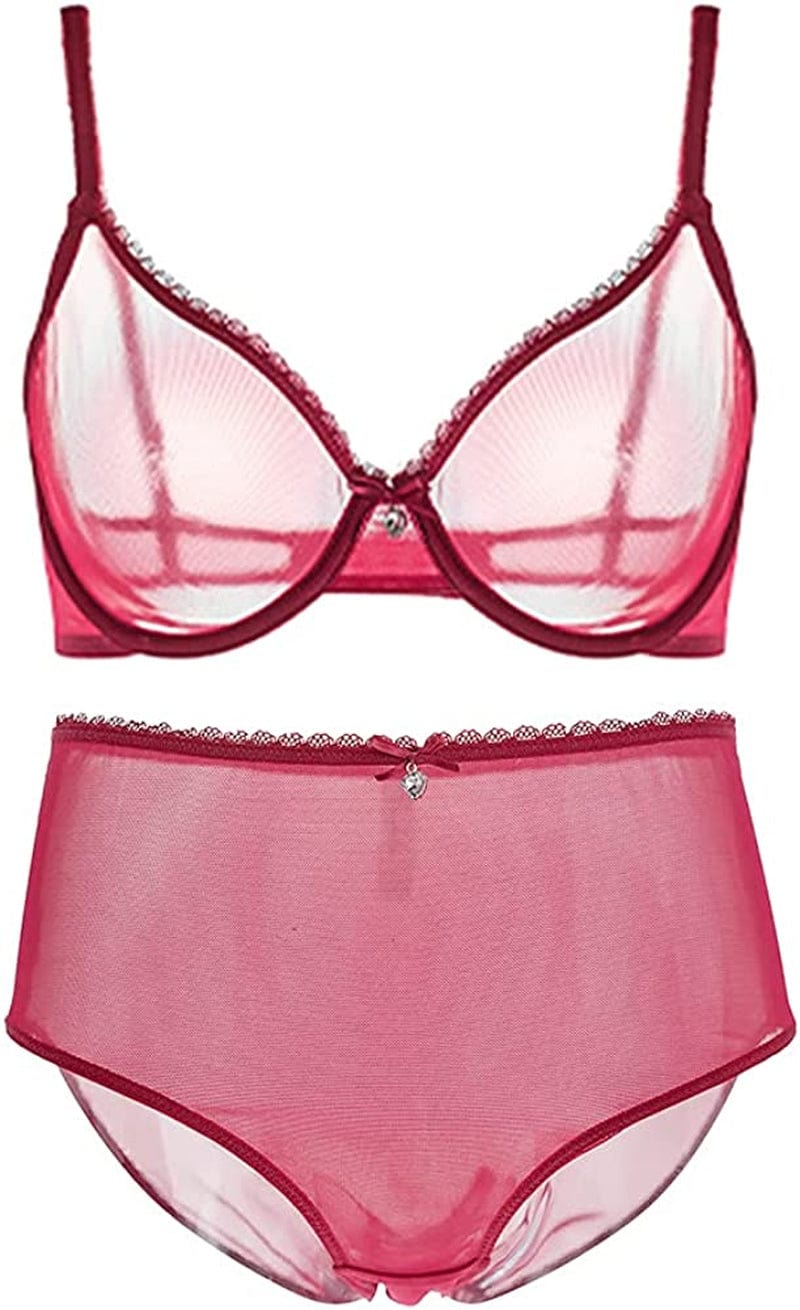 Women See-Through Lace Push up Transparent Everyday Bra Wine Red With High Rise / 38C