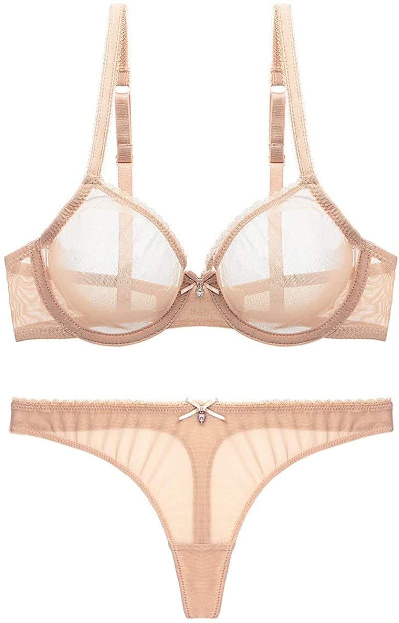 Women See-Through Lace Push up Transparent Everyday Bra Beige With Thong / 38C