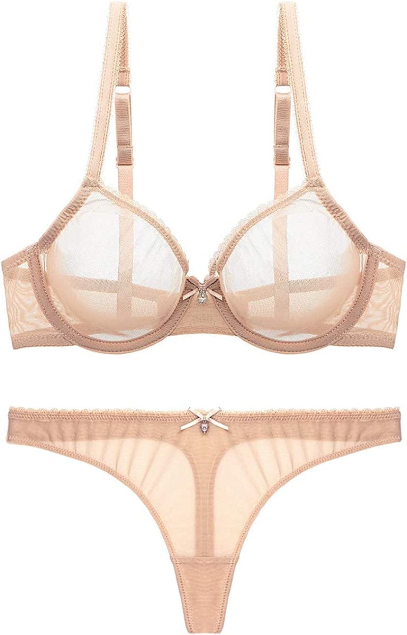 Women See-Through Lace Push up Transparent Everyday Bra Beige With Thong / 40DD