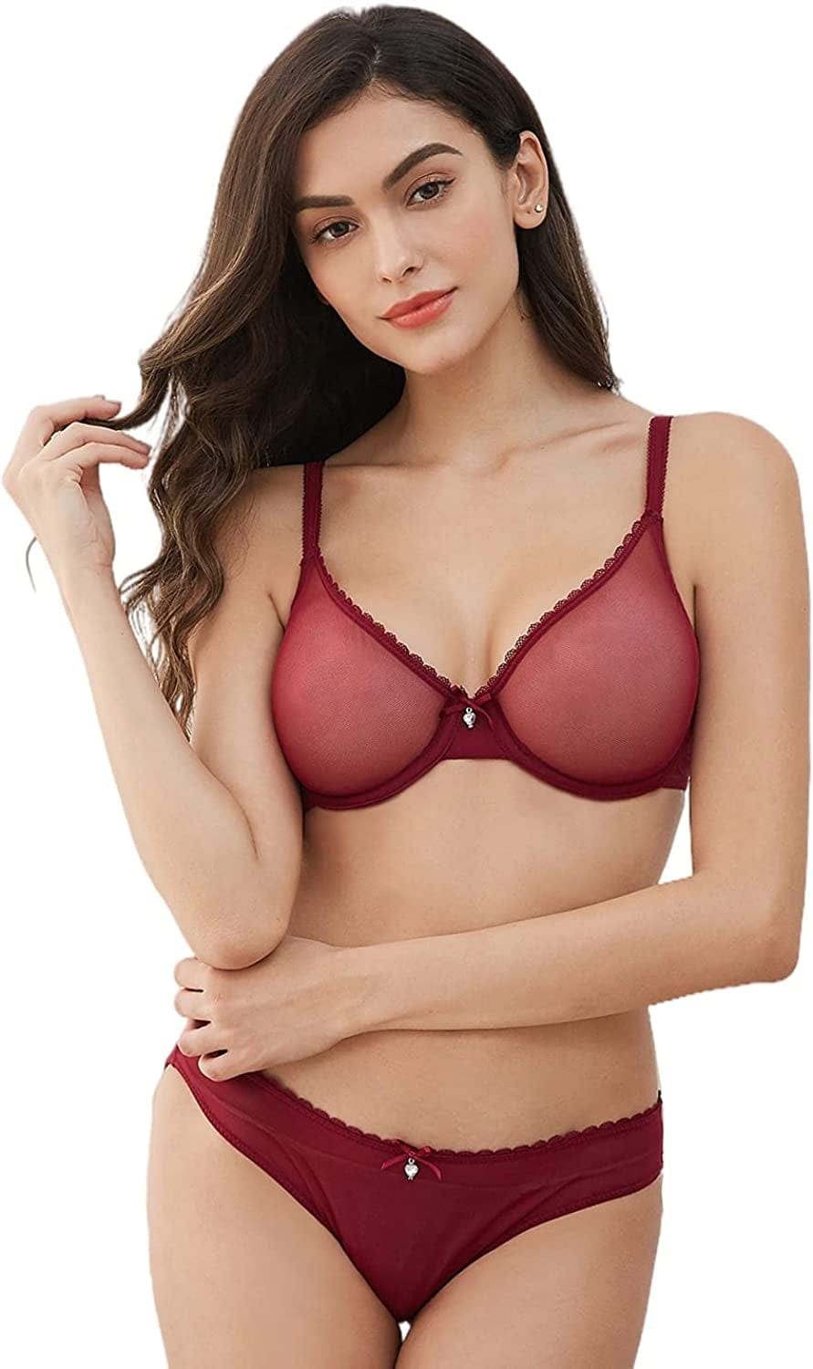 Women See-Through Lace Push up Transparent Everyday Bra Red / 38C