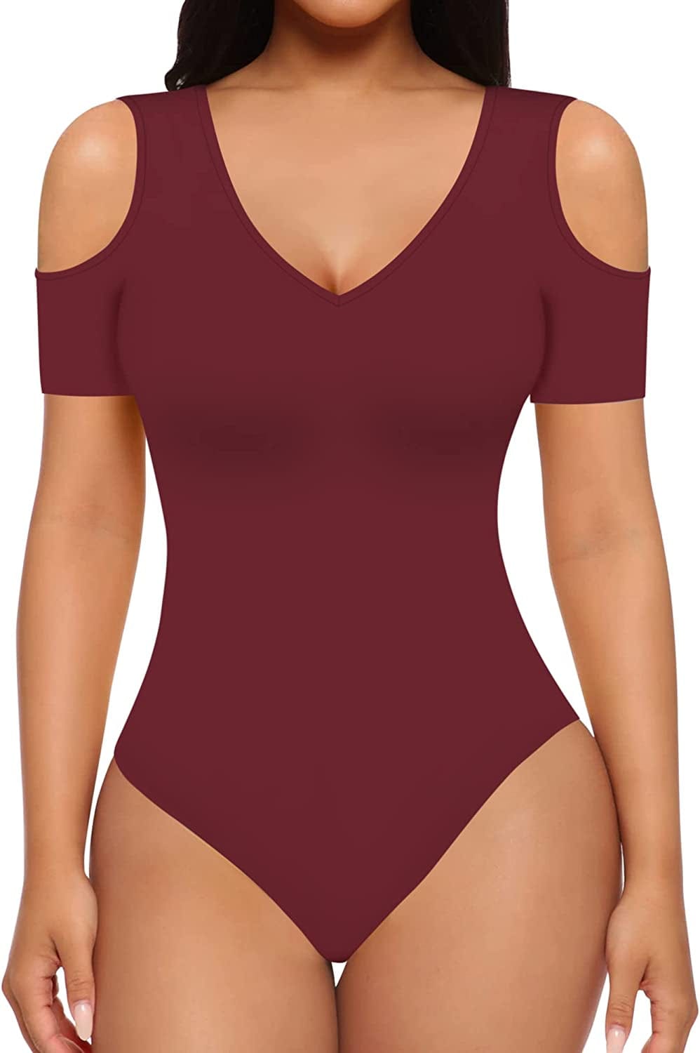 Women Sexy Cutout Cold Shoulder Top V Neck Short Sleeve Bodysuit/Mock Turtle Neck Long Sleeve Bodysuit T Shirt Short Sleeve Burgundy / Small