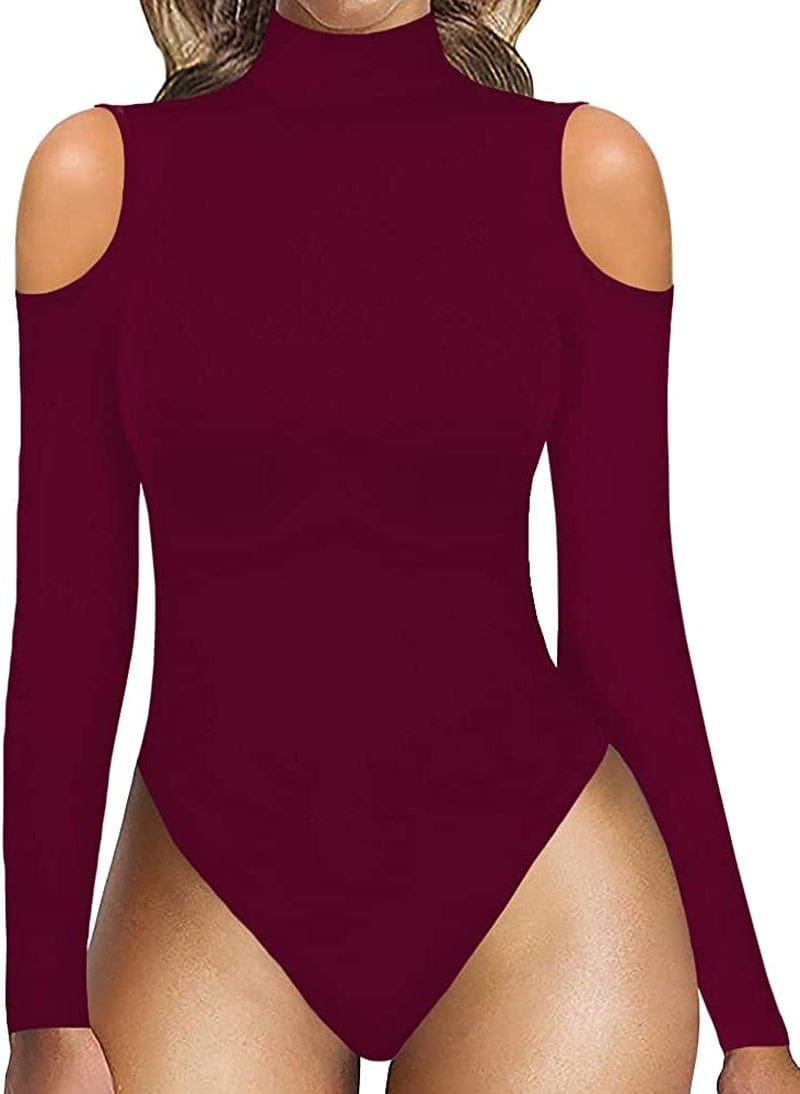 Women Sexy Cutout Cold Shoulder Top V Neck Short Sleeve Bodysuit/Mock Turtle Neck Long Sleeve Bodysuit T Shirt Long Sleeve Burgundy / Small