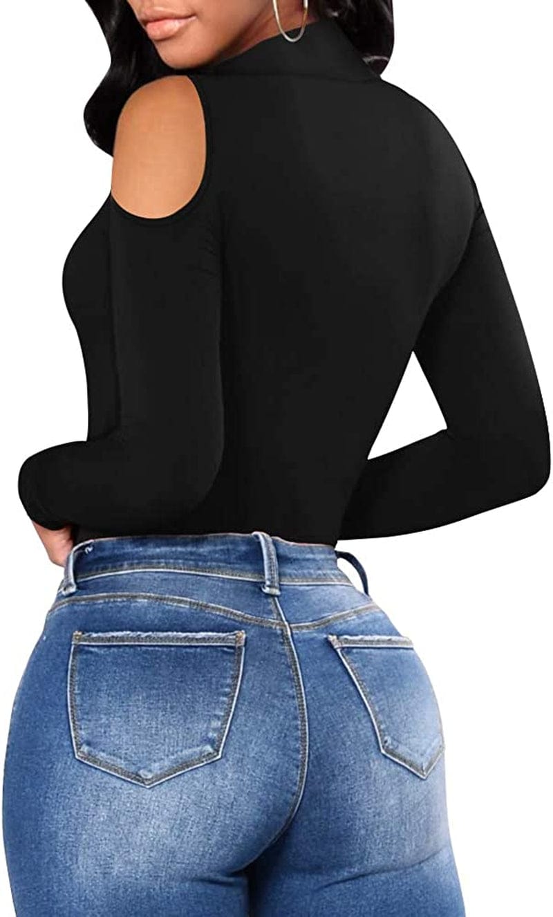 Women Sexy Cutout Cold Shoulder Top V Neck Short Sleeve Bodysuit/Mock Turtle Neck Long Sleeve Bodysuit T Shirt
