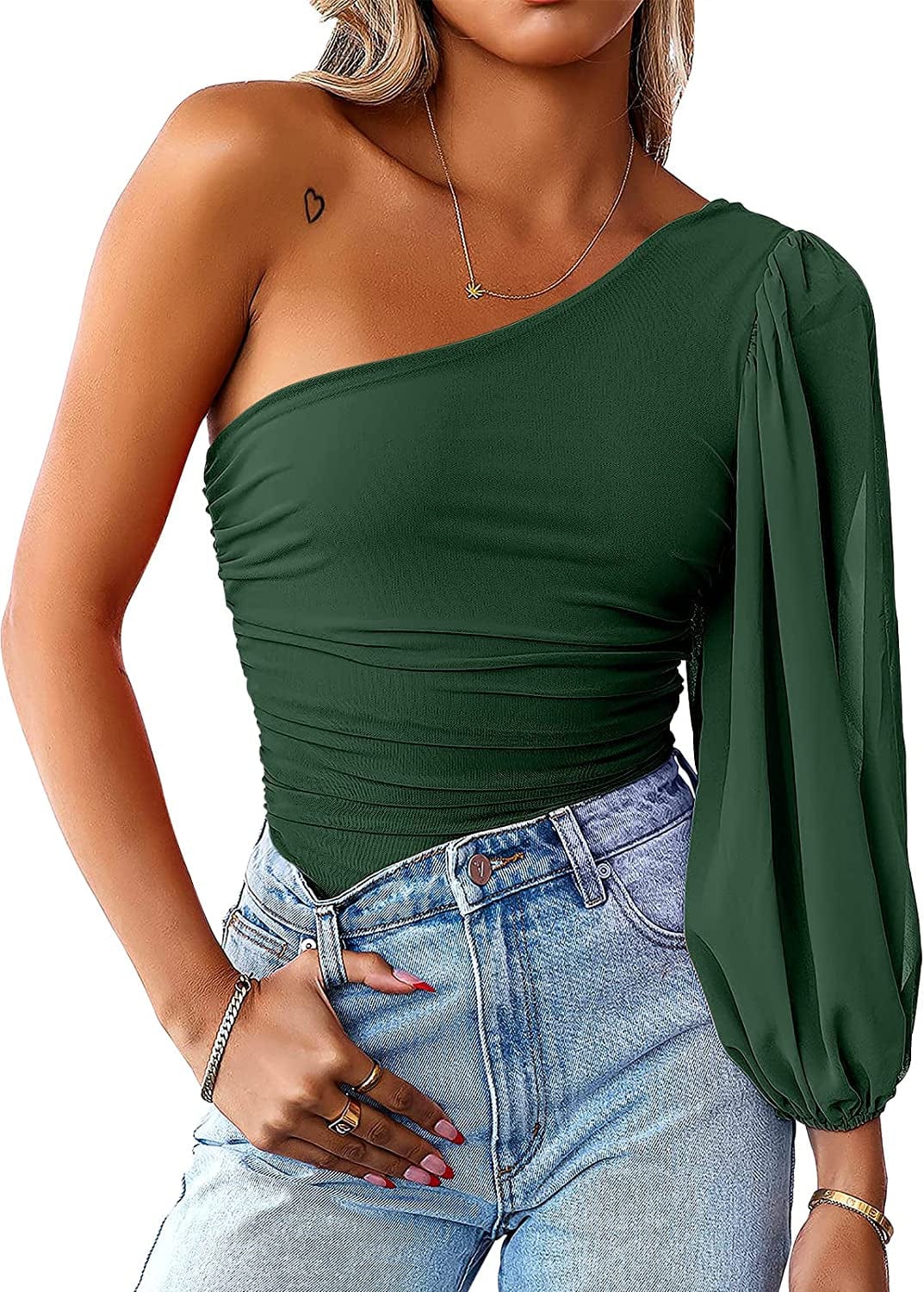 Women Sexy One Shoulder Mesh Long Sleeve Bodysuit Leotard Top Green / Large