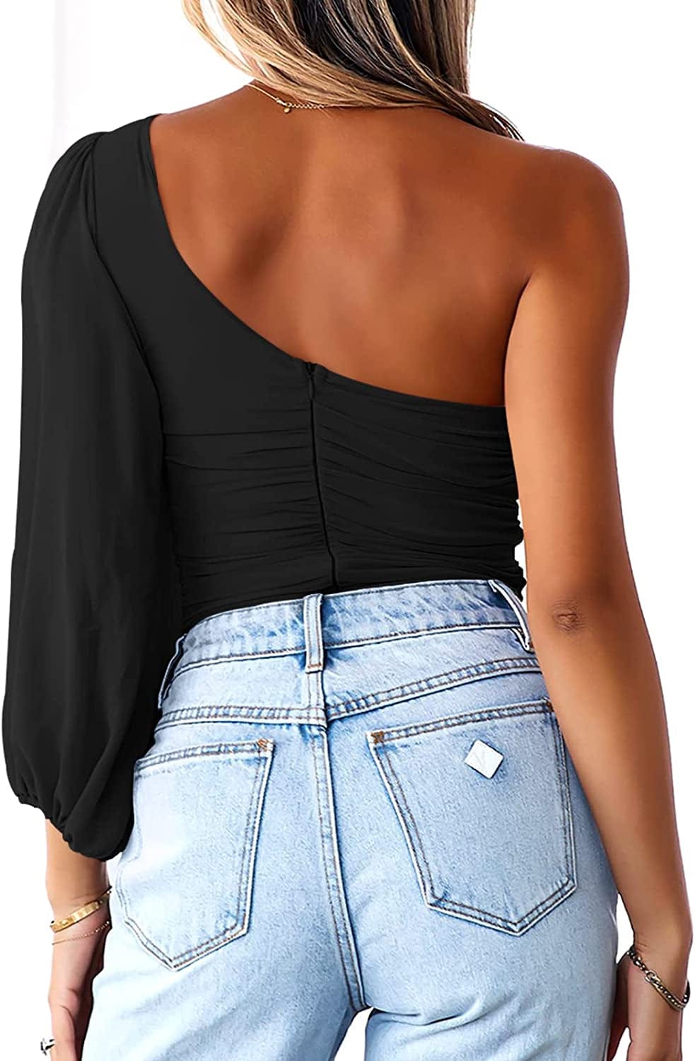 Women Sexy One Shoulder Mesh Long Sleeve Bodysuit Leotard Top