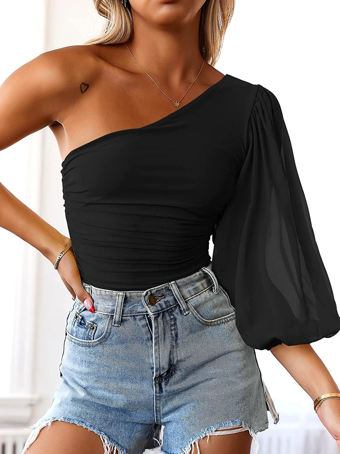 Women Sexy One Shoulder Mesh Long Sleeve Bodysuit Leotard Top