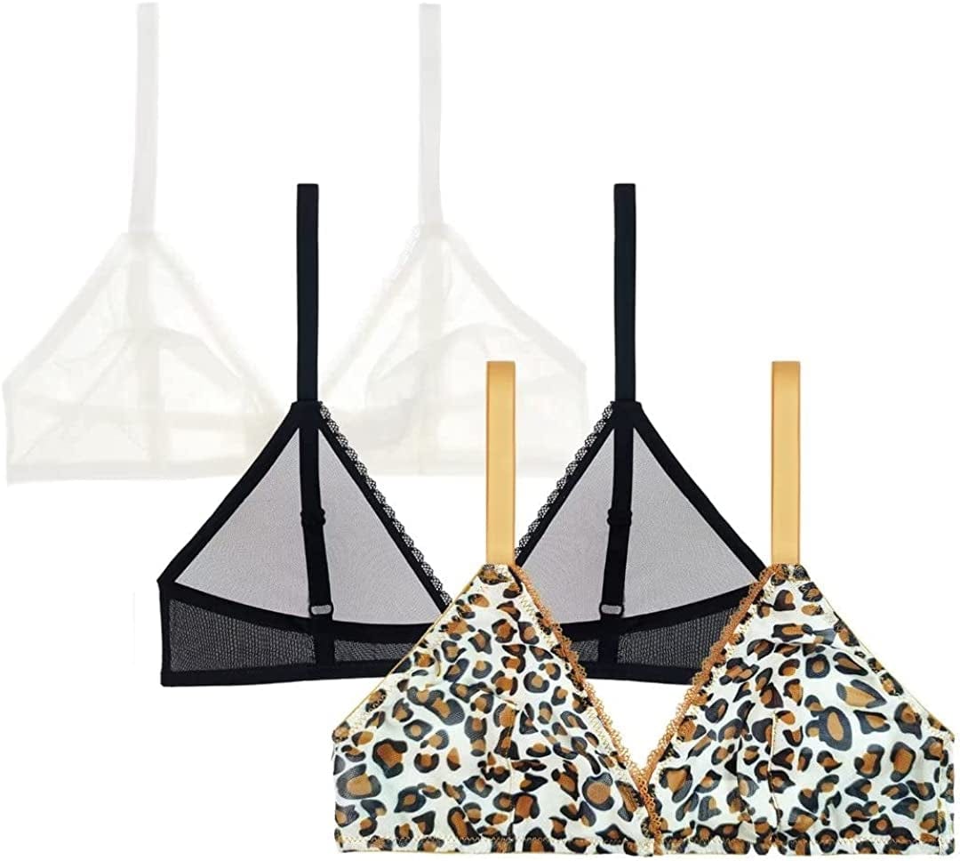 Women Sheer Mesh Transparent Unlined Bra Sexy Wireless Underwear… Black+white+leoprad / Large