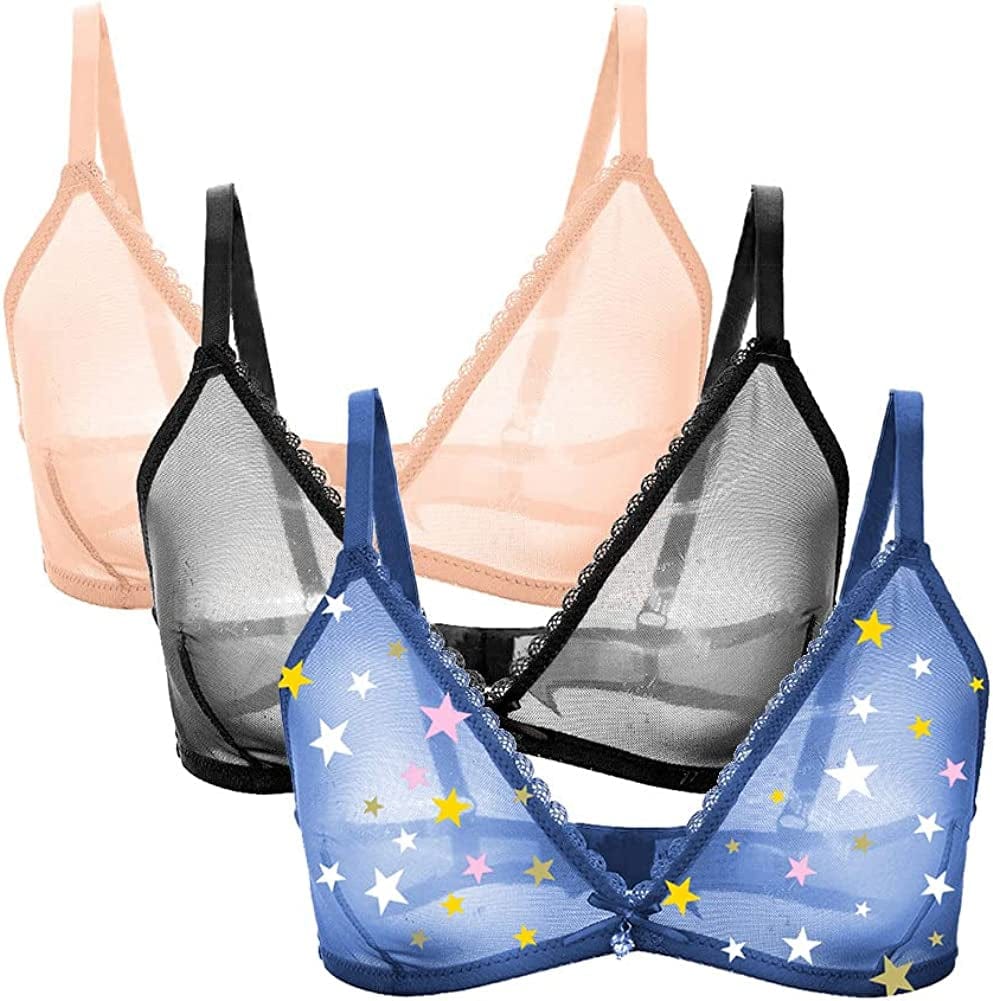 Women Sheer Mesh Transparent Unlined Bra Sexy Wireless Underwear… Black+beige+star / Medium