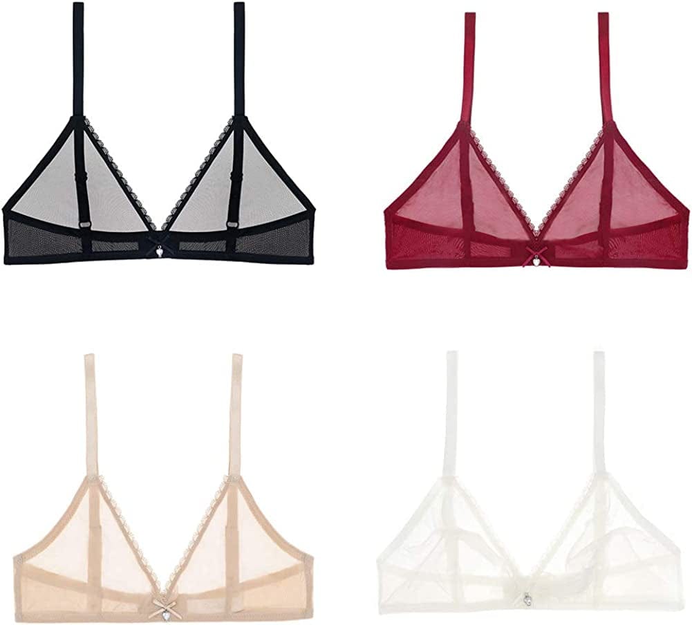 Women Sheer Mesh Transparent Unlined Bra Sexy Wireless Underwear… Wireless 4 Pack: Black+white+beige+wine Red / Medium