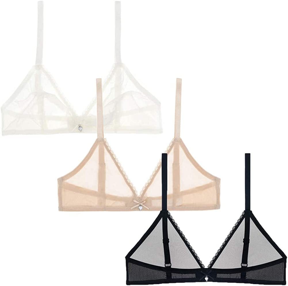 Women Sheer Mesh Transparent Unlined Bra Sexy Wireless Underwear… Wireless 3 Pack: Black+white+beige / Medium