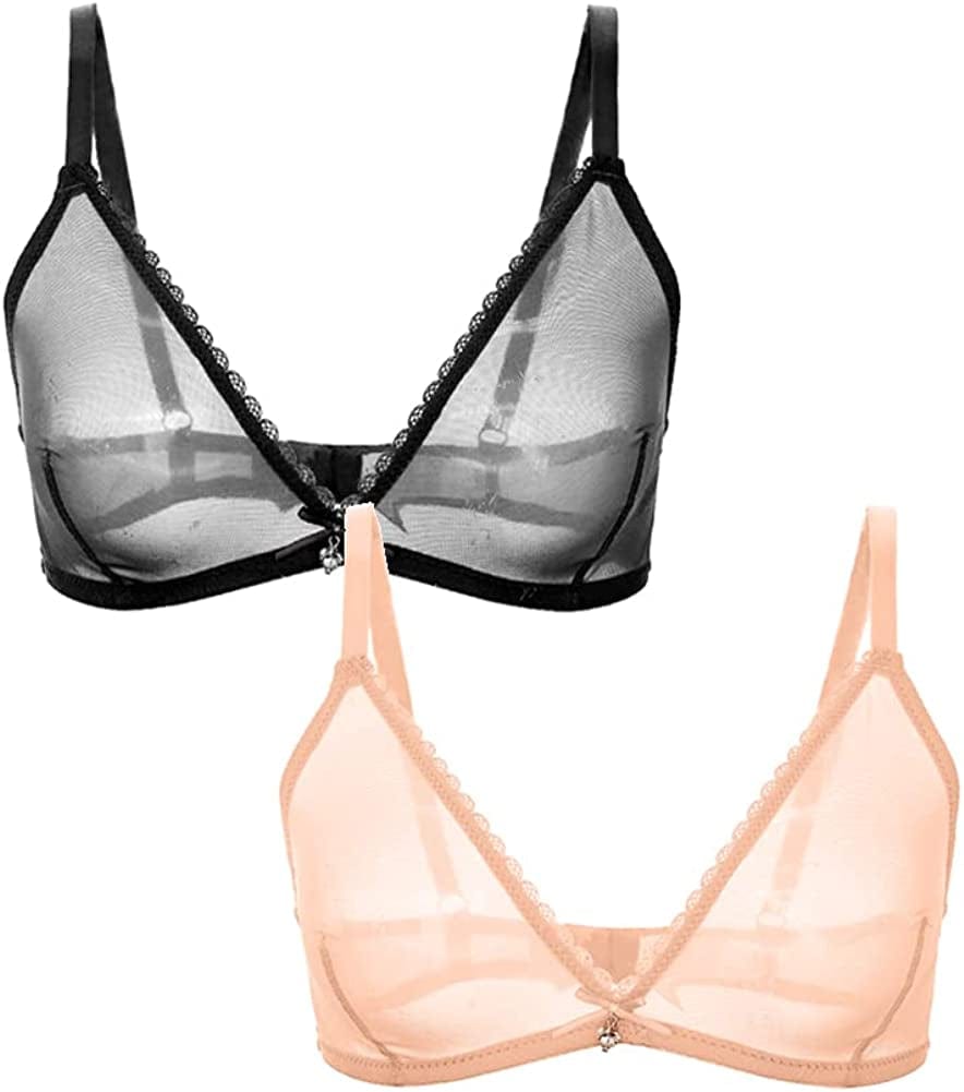 Women Sheer Mesh Transparent Unlined Bra Sexy Wireless Underwear… Wireless 2 Pack: Black+beige / Large