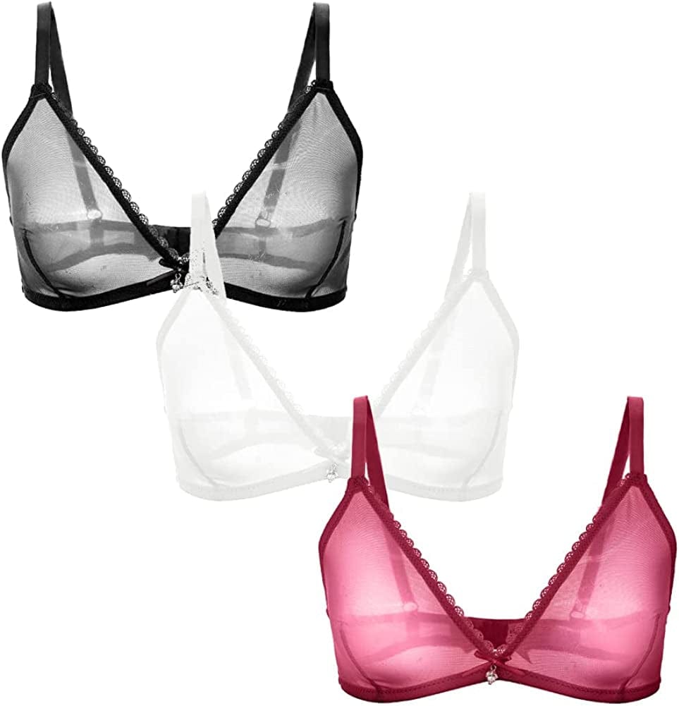Women Sheer Mesh Transparent Unlined Bra Sexy Wireless Underwear… Wireless 3 Pack: Wine Red+black+white / X-Large
