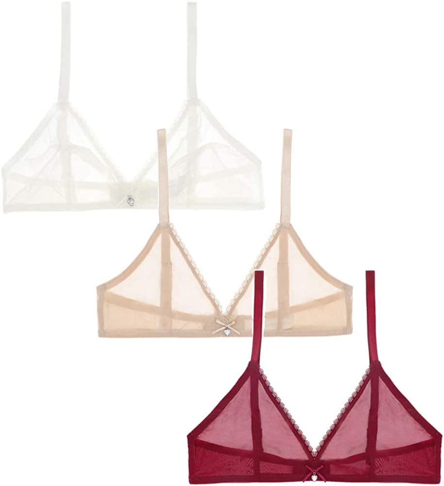 Women Sheer Mesh Transparent Unlined Bra Sexy Wireless Underwear… Wireless 3 Pack: White+beige+wine Red / Large
