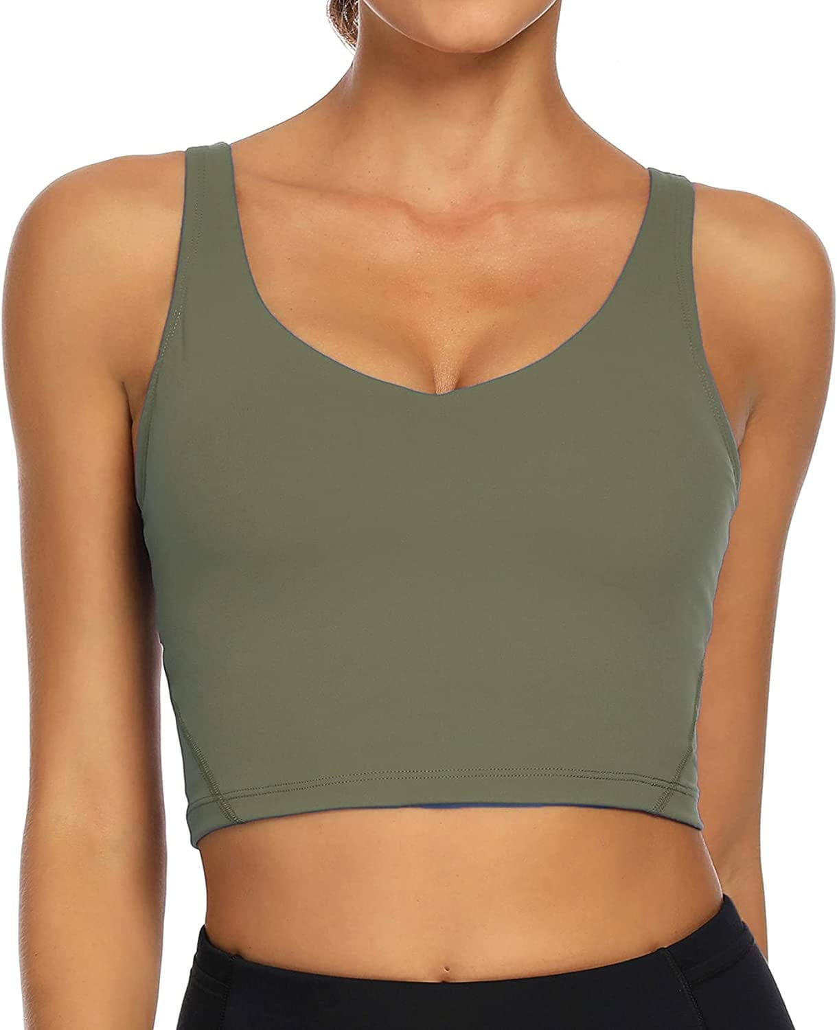 Women Sports Bra Longline Crop Tank Top Padded Workout Running Yoga Olive Green / Medium