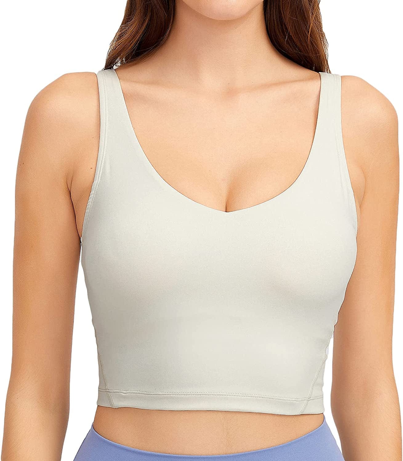 Women Sports Bra Longline Crop Tank Top Padded Workout Running Yoga Off-white / Medium