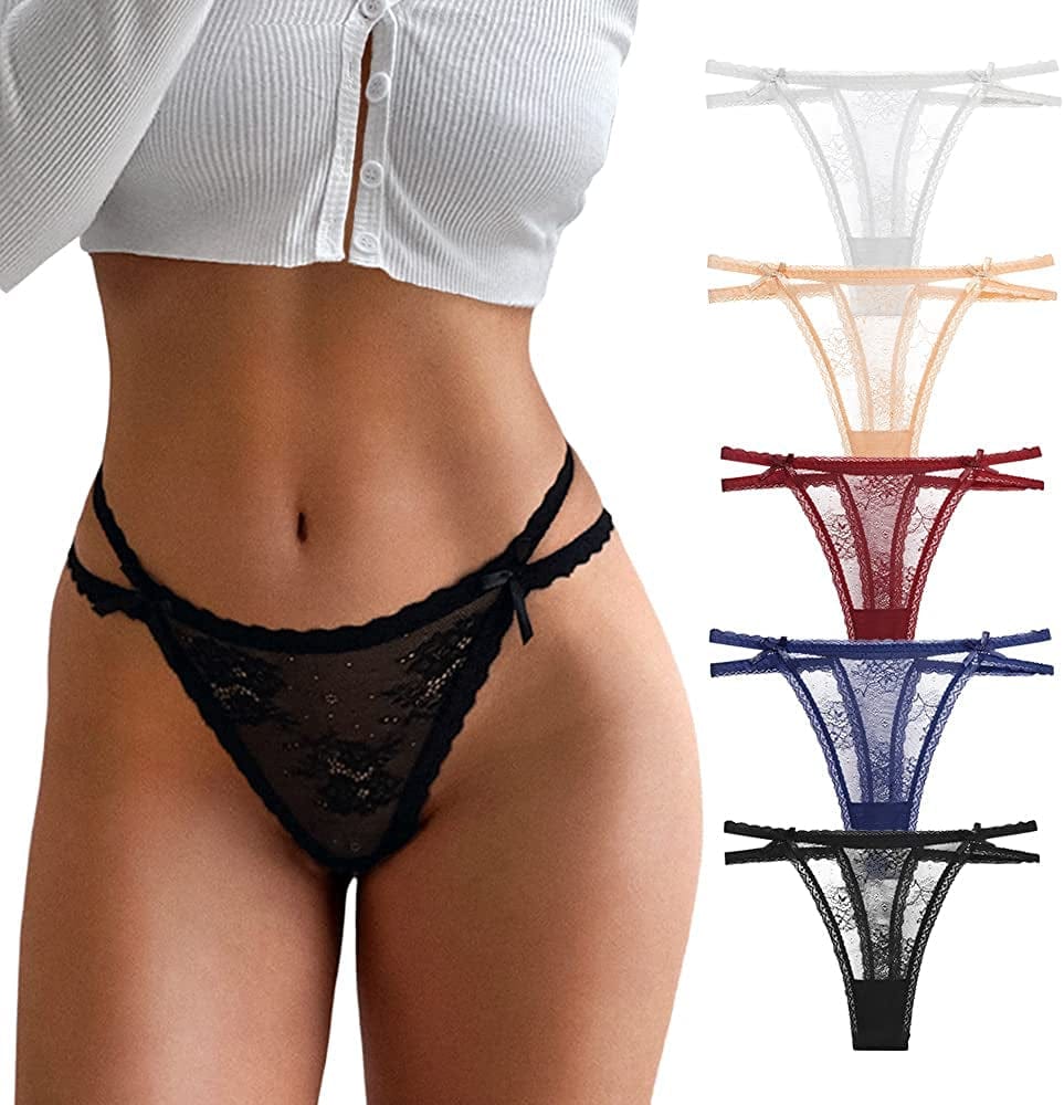 Women Underwear Cotton Thongs 5 Pack T Back See through G-Strings Sexy Lace Breathable Bikini Panties Teens Underwear 5pack-a / Medium