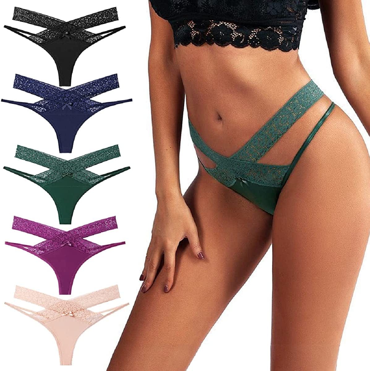 Women Underwear Cotton Thongs 5 Pack T Back See through G-Strings Sexy Lace Breathable Bikini Panties Teens Underwear 5pcs / Medium