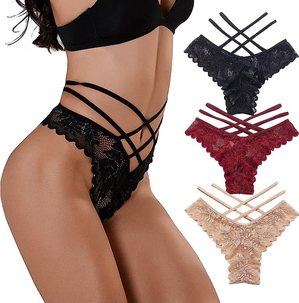 Women Underwear Cotton Thongs 5 Pack T Back See through G-Strings Sexy Lace Breathable Bikini Panties Teens Underwear 3pack Set-b / Large