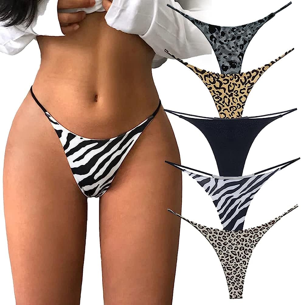 Women Underwear Cotton Thongs 5 Pack T Back See through G-Strings Sexy Lace Breathable Bikini Panties Teens Underwear C-5pack / Medium