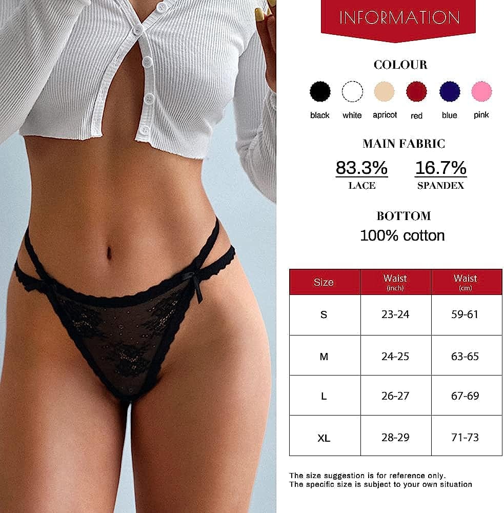 Women Underwear Cotton Thongs 5 Pack T Back See through G-Strings Sexy Lace Breathable Bikini Panties Teens Underwear