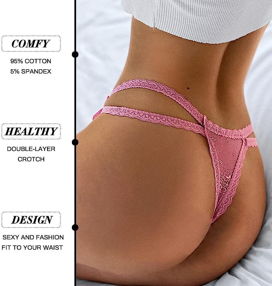 Women Underwear Cotton Thongs 5 Pack T Back See through G-Strings Sexy Lace Breathable Bikini Panties Teens Underwear