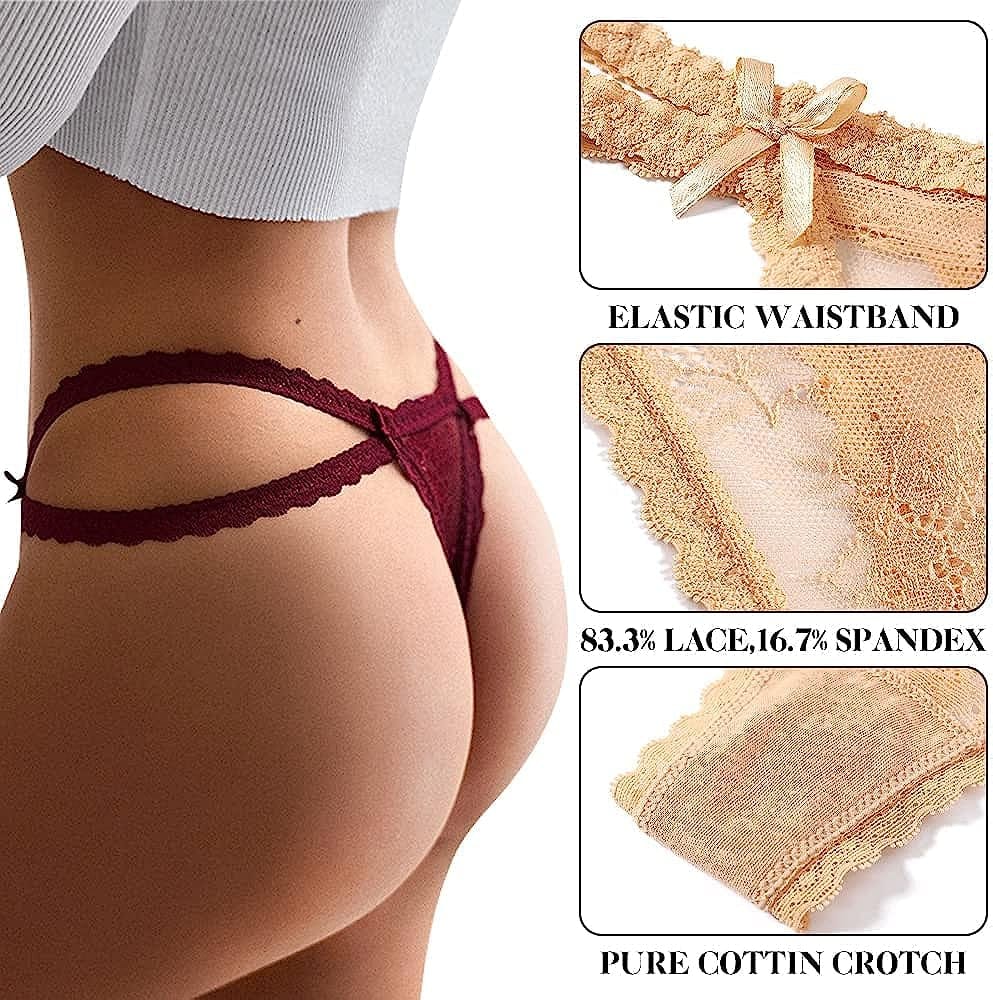Women Underwear Cotton Thongs 5 Pack T Back See through G-Strings Sexy Lace Breathable Bikini Panties Teens Underwear