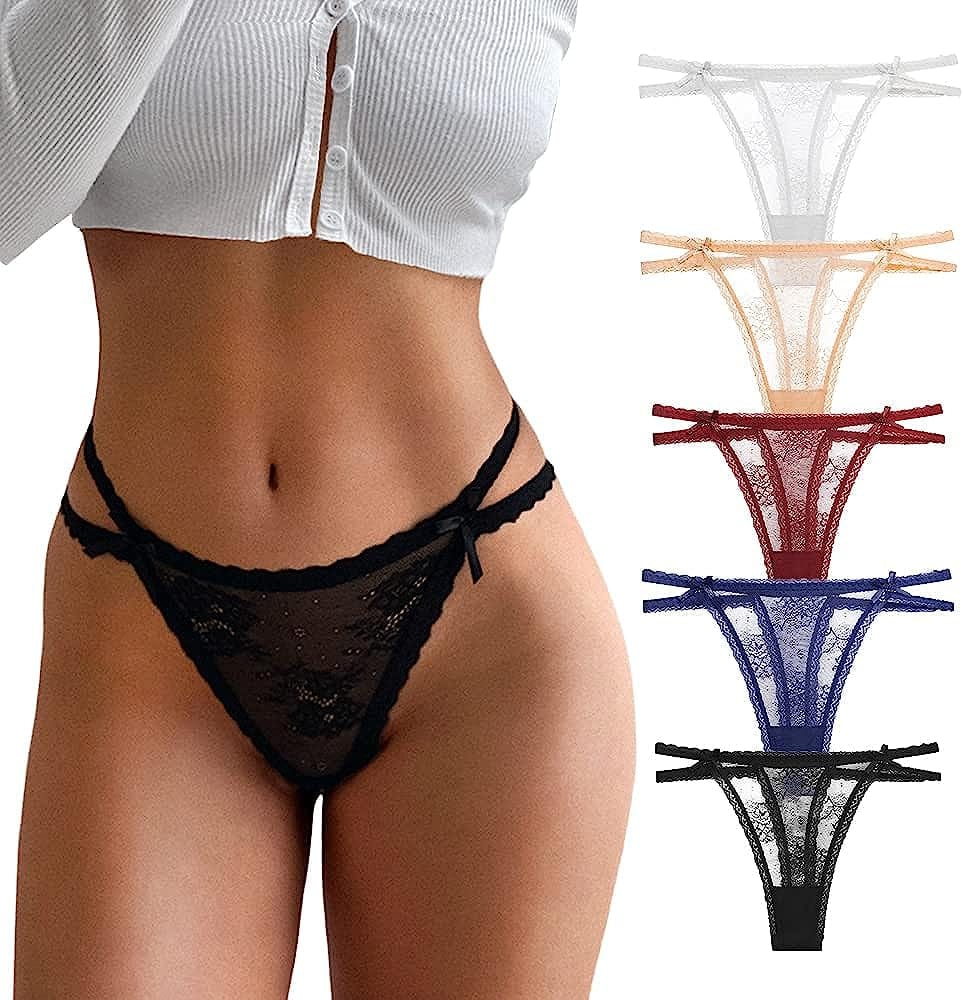 Women Underwear Cotton Thongs 5 Pack T Back See through G-Strings Sexy Lace Breathable Bikini Panties Teens Underwear 5pack-a / X-Large