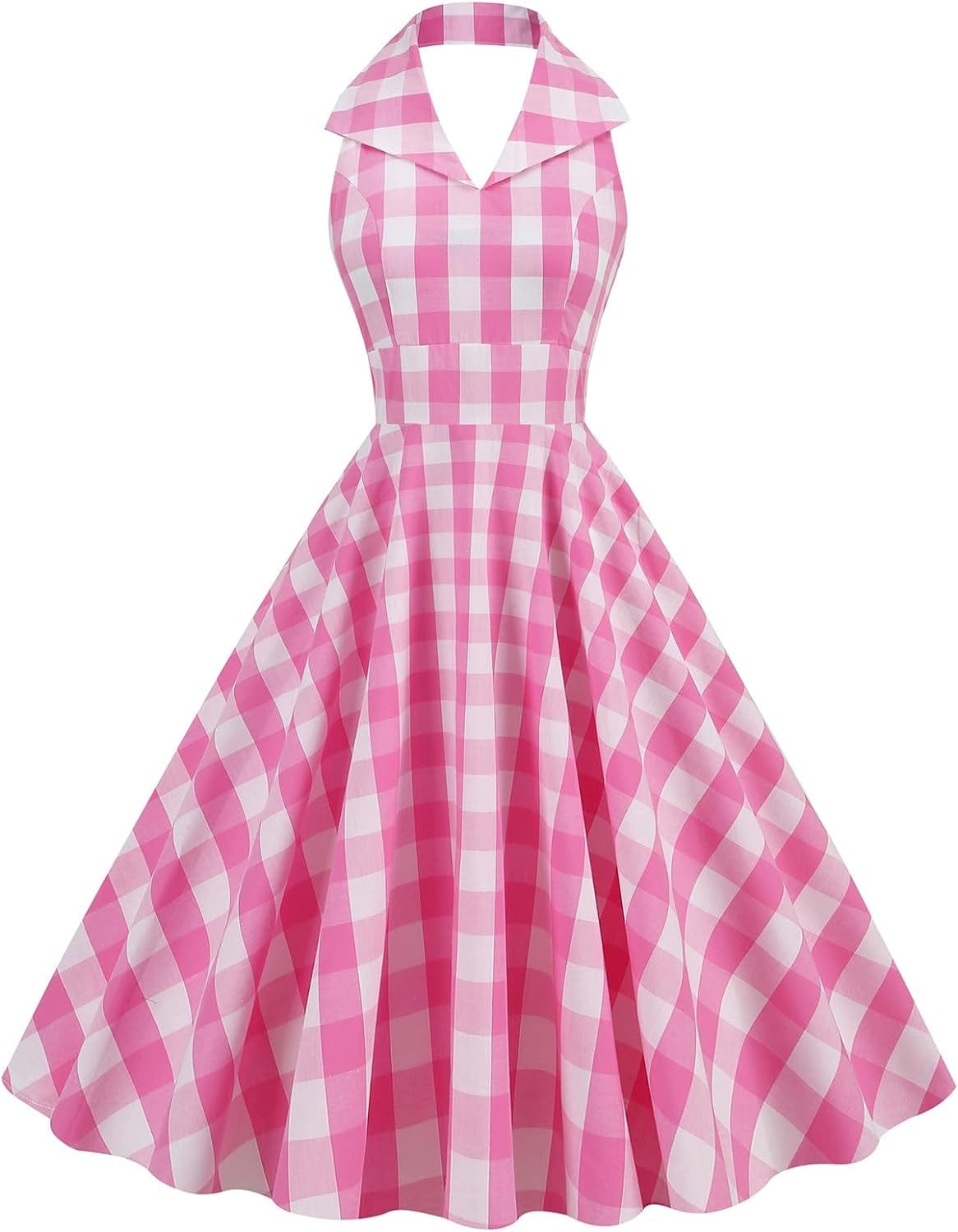 Women Vintage 1950S Pink Gingham Dress Spaghetti Straps Pinup Dresses 50S Costume Cosplay Party Halloween Rockabilly Dress Pink-Lapel / Large