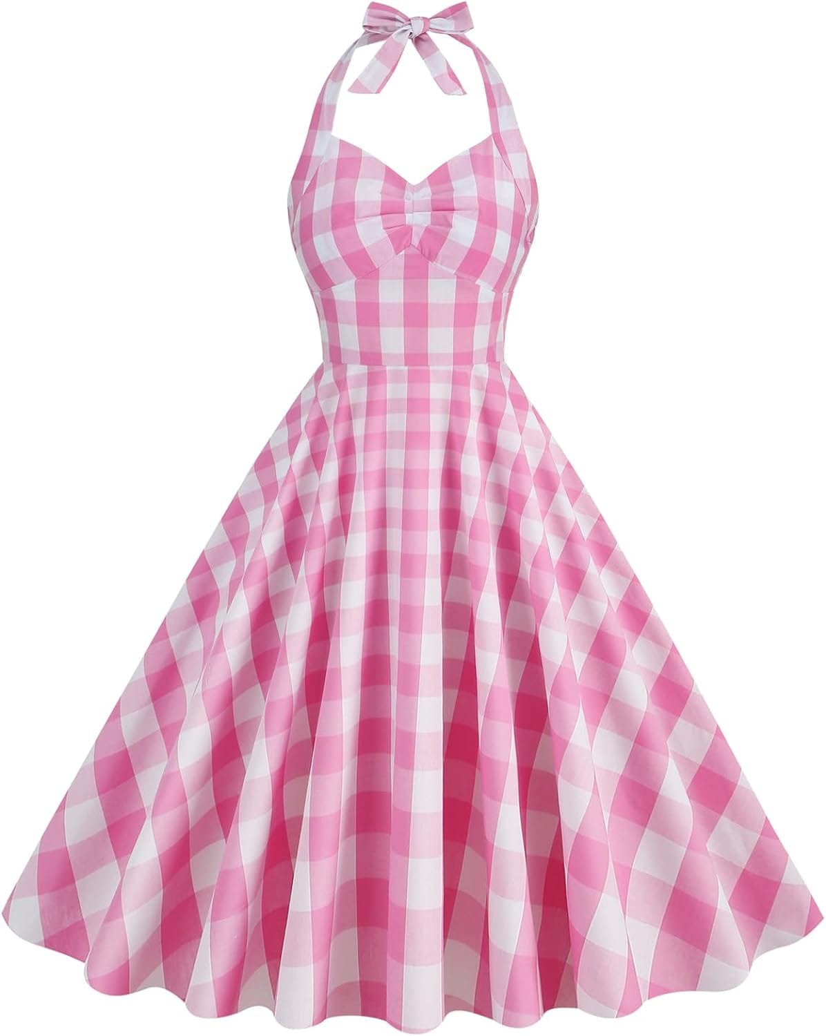 Women Vintage 1950S Pink Gingham Dress Spaghetti Straps Pinup Dresses 50S Costume Cosplay Party Halloween Rockabilly Dress Pink Plaid / Small