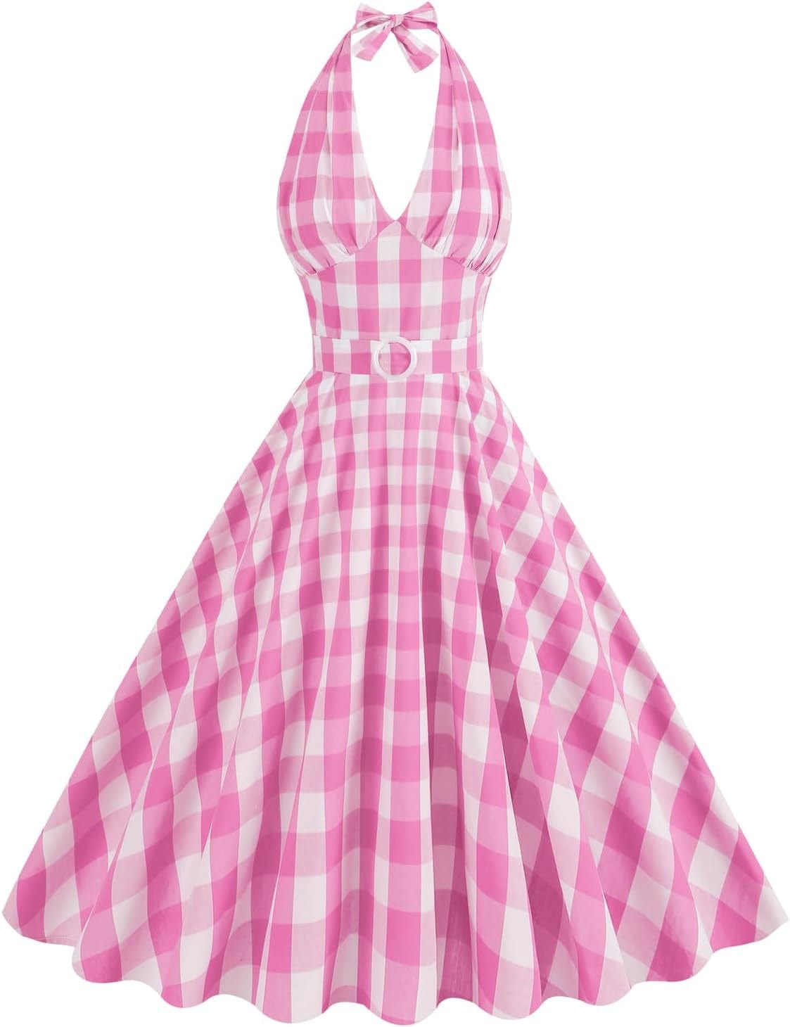 Women Vintage 1950S Pink Gingham Dress Spaghetti Straps Pinup Dresses 50S Costume Cosplay Party Halloween Rockabilly Dress Pink-Halter / Large
