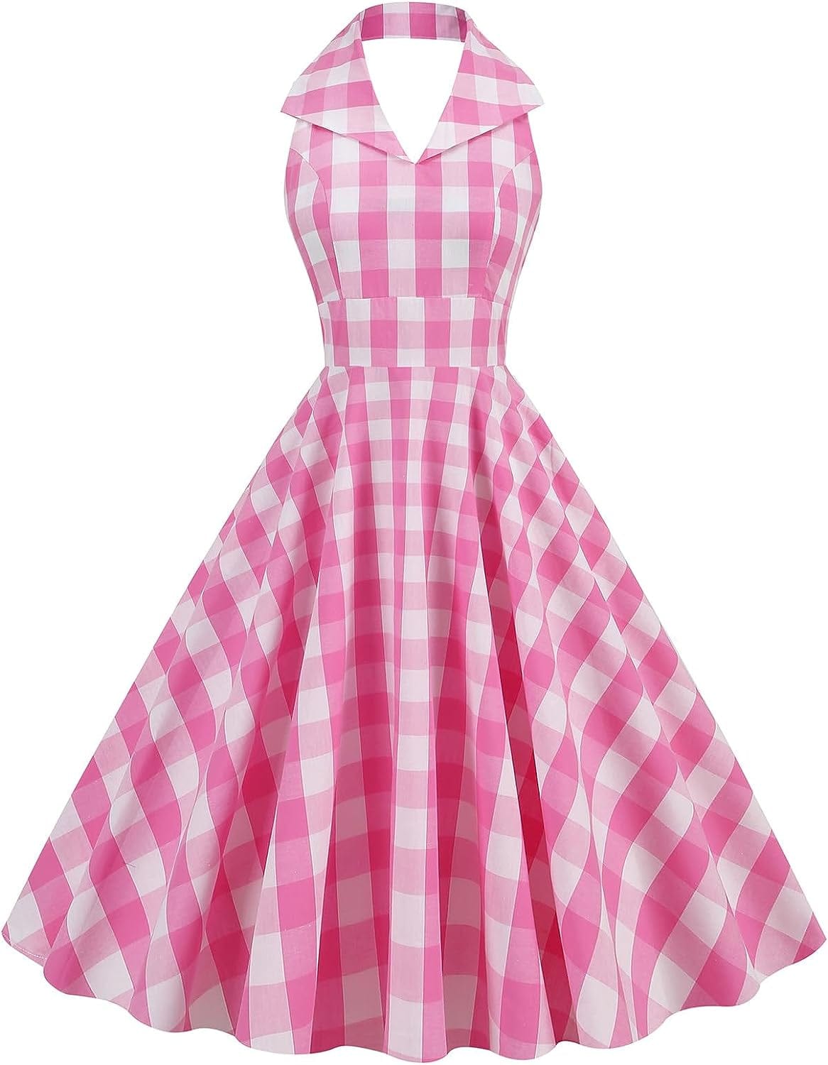 Women Vintage 1950S Pink Gingham Dress Spaghetti Straps Pinup Dresses 50S Costume Cosplay Party Halloween Rockabilly Dress Pink-Lapel / Small
