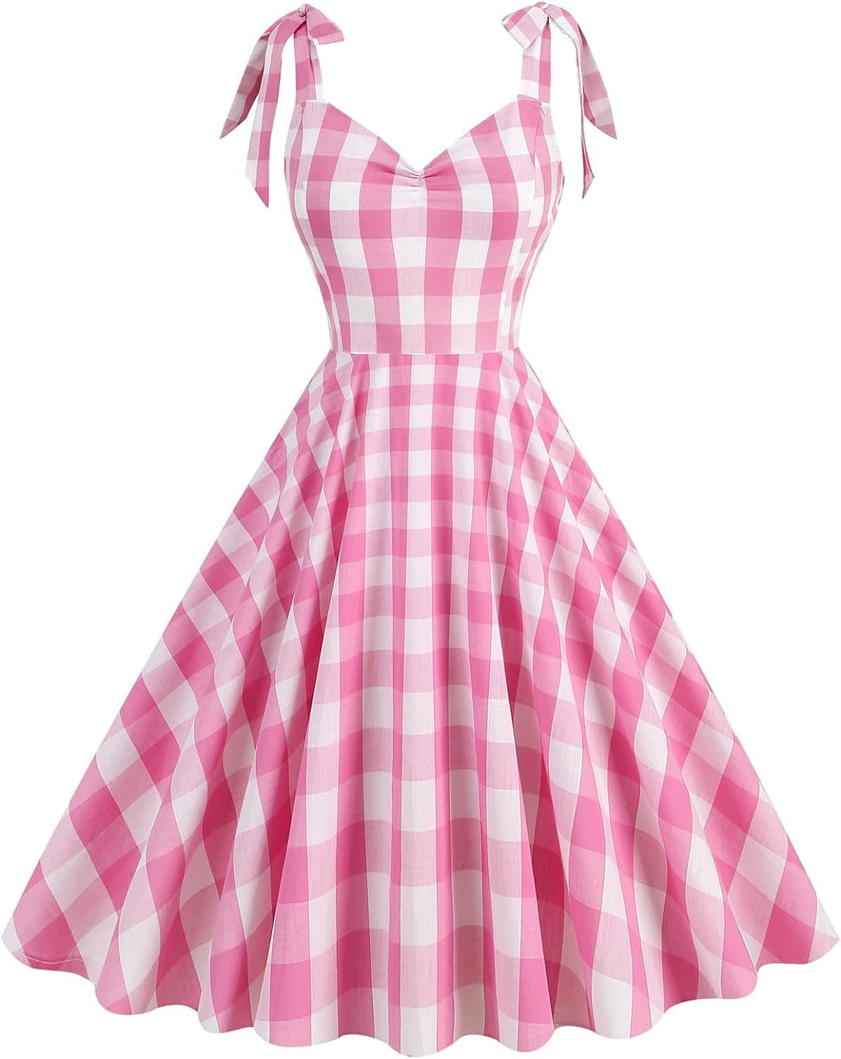 Women Vintage 1950S Pink Gingham Dress Spaghetti Straps Pinup Dresses 50S Costume Cosplay Party Halloween Rockabilly Dress Tie Straps / Small