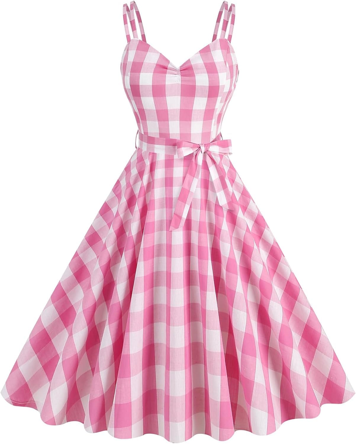 Women Vintage 1950S Pink Gingham Dress Spaghetti Straps Pinup Dresses 50S Costume Cosplay Party Halloween Rockabilly Dress Pink-Straps / Small